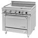 A large stainless steel Garland heavy-duty electric range with knobs and storage base.