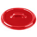 A red Bon Chef porcelain oval cocotte lid with a handle.