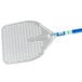 A silver and blue GI Metal square perforated pizza peel with a long handle.