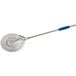 A GI Metal stainless steel small round perforated pizza peel with a blue handle.