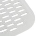 A close up of a white metal square perforated pizza peel.