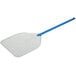 A blue and white anodized aluminum square pizza peel with a handle.