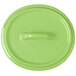 A green Bon Chef porcelain oval cocotte lid with a handle.