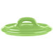 A green Bon Chef porcelain lid with a handle and a curved edge.