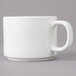 A white porcelain mug with stacked lines on the side and a handle.