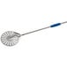 A silver stainless steel round turning pizza peel with a blue handle.