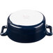 A blue and white porcelain oval cocotte with handles.