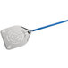 A silver and blue GI Metal pizza peel with a blue and white handle.
