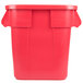 A red plastic Rubbermaid BRUTE trash can with a snap-lock lid.
