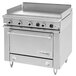 A stainless steel Garland heavy-duty electric range with griddle top and storage base.