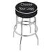 A black Holland Bar Stool swivel bar stool with white text on the seat pad.