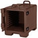 A dark brown Cambro front loading insulated tray and food pan carrier with a door open.