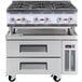 A stainless steel Cooking Performance Group countertop range with 6 burners over refrigerated drawers.