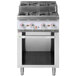 A Cooking Performance Group stainless steel gas range with high output burners and a storage base.