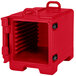 A red plastic Cambro front loading tray and food pan carrier with a door open.