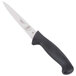 A close-up of a Mercer Culinary Millennia 6" serrated utility knife with a black handle.