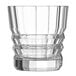 A clear glass tumbler with a faceted design.