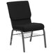 A black Flash Furniture church chair with a metal frame and metal cup holder.