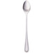 A silver iced tea spoon with a silver handle and a black circle on the end.