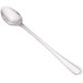 A close-up of a Walco stainless steel iced tea spoon with a white handle.