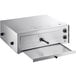 An Avantco stainless steel rectangular countertop pizza oven with a lid open.