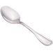 A close-up of a Walco Saville stainless steel demitasse spoon with a silver handle.