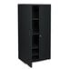 A black Iceberg OfficeWorks storage cabinet with shelves behind two doors.