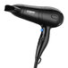 A black hair dryer with a blue and white handle and cord.