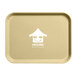 A rectangular tan Cambro tray with a house logo on it.
