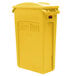 A yellow Rubbermaid Slim Jim rectangular trash can with a lid with 2 holes.
