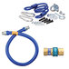 A blue and yellow Dormont gas connector kit with a flexible blue hose.