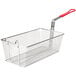 An Avantco stainless steel wire fryer basket with a red handle.
