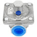 The metal pressure valve on an APW Wyott countertop range with blue accents.