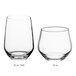 Two Acopa stemless wine glasses with measurements on them.