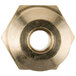 A brass threaded nut with a circular hole on a white background.