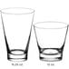 Two Acopa Fusion beverage glasses with measurements on them.