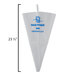 A white cone shaped plastic pastry bag with measurements.