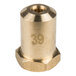 A gold metal cylinder with a brass threaded nut on the end.