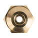 A close-up of a circular brass threaded nut with a hexagonal shape.