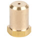 A close-up of a gold brass threaded cylinder with a hole.