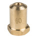 A brass #60 hood orifice with a hexagon shaped nut.