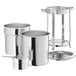 A group of stainless steel Marmite sauce chafing dishes with chrome accents.