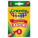 A box of Crayola crayons with a red circle with the number 8 on it.