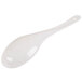 A white melamine spoon with a bamboo handle.
