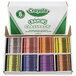 A close-up of a Crayola classroom pack of 800 crayons with a green and white Crayola logo.