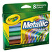 A box of Crayola metallic markers with different colors on a white background.