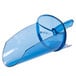 A blue plastic San Jamar ice scoop in a holder on a white background.