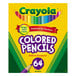 A yellow box of Crayola 64 colored pencils with a yellow and green label.