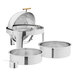 A stainless steel Acopa Supreme round chafing dish with gold accents on the top.