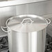 A large silver pot with a Vigor stainless steel lid on a stove.